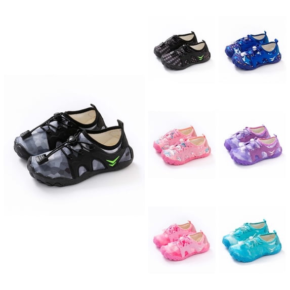Gyujnb Kids Quick Lace Water Shoes Grid Print Mesh Upper Round Toe Flat Sole Footwear (Unisex),5.5-6 Years