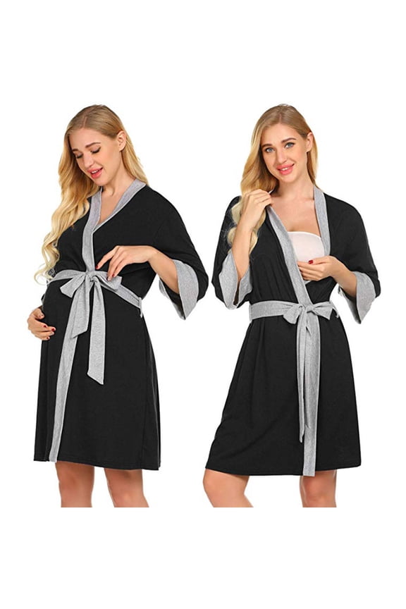 Gyujnb Kimono V Neck Contrast Trim Maternity Nursing Robe Soft Stretch Knit Three Quarter Sleeve Adjustable Waist Tie Open Front Midi Gown,S