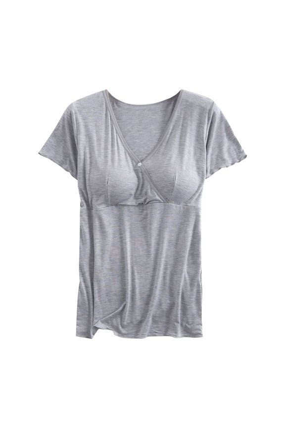 Gyujnb Lace Trim V Neck Maternity Nursing Top Scalloped Ruffle Short Sleeve Single Button Wrap Lift Feeding Opening Elastic Gathered Bump Waist Lightweight Thin Soft Blouse,L
