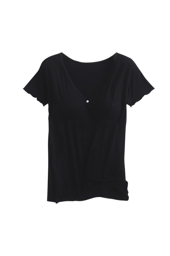 Gyujnb Lace Trim V Neck Maternity Nursing Top Scalloped Ruffle Short Sleeve Single Button Wrap Lift Feeding Opening Elastic Gathered Bump Waist Lightweight Thin Soft Blouse,XL
