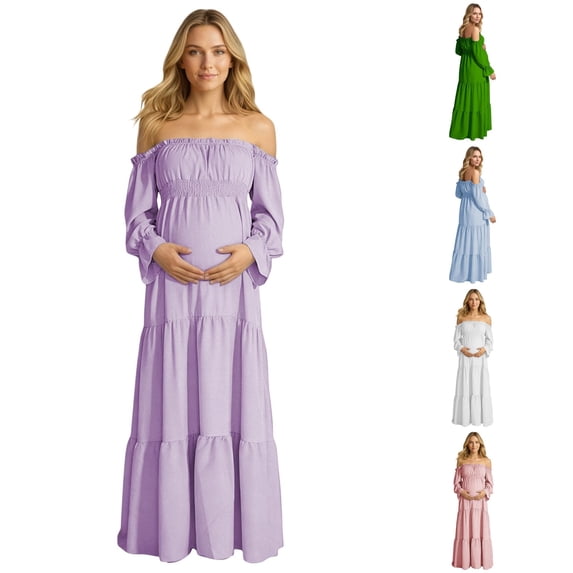 Gyujnb Lightweight Flowy Boho Maternity Tiered Maxi Dress Off Shoulder Ruffle Neck Long Bubble Flare Sleeve Smocked High Waist Elegant Gown for Pregnancy Photoshoot,M