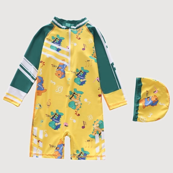 Gyujnb Long Sleeve One-Piece Rash Guard Swimwear Set Cartoon Print with Swim Cap for Beach and Pool (Baby, Big Boys),M