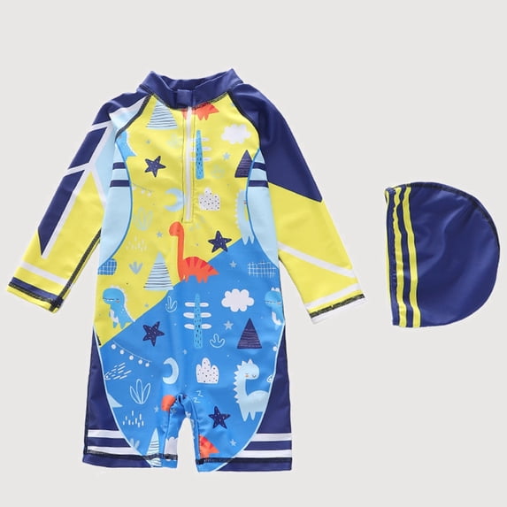 Gyujnb Long Sleeve One-Piece Rash Guard Swimwear Set Cartoon Print with Swim Cap for Beach and Pool (Baby, Big Boys),M