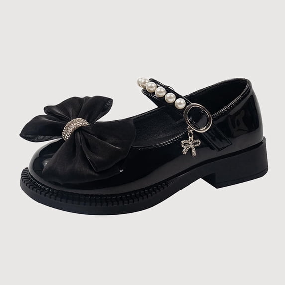 Gyujnb Mary Jane Pearl Bow Low Heel Buckle Dress Shoes for Wedding Party Casual (Little Girls, Big Girls),11-11.5 Years