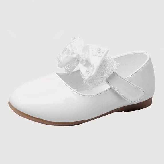Gyujnb Mary Jane Shoes, Lace Bow Pearl Flat Hook and Loop, for Party Wedding Casual (Girls),2-2.5 Years