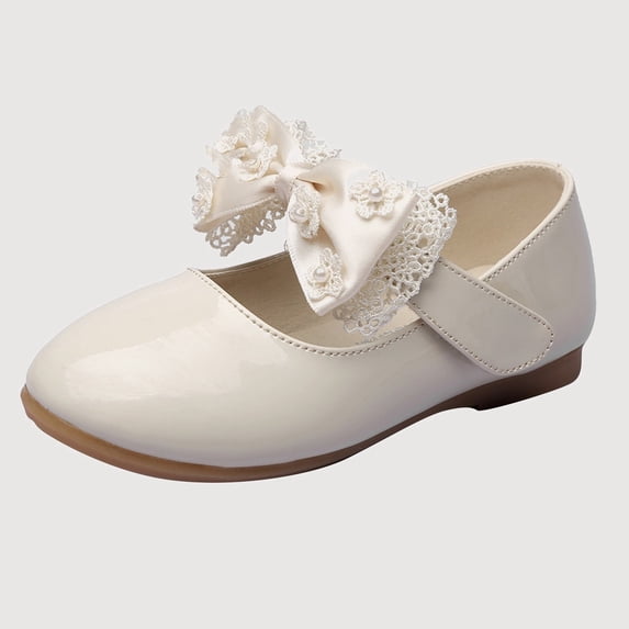 Gyujnb Mary Jane Shoes, Lace Bow Pearl Flat Hook and Loop, for Party Wedding Casual (Girls),2.5-3 Years
