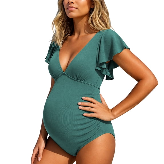 Gyujnb Maternity One Piece Swimsuit Ruffle Sleeve Ribbed V Neck Solid Pregnancy Bathing Suit,XL