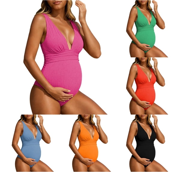 Gyujnb Maternity One Piece Swimsuit V Neck Ribbed Bust Support Tummy Control Summer Pregnancy Swimwear,M