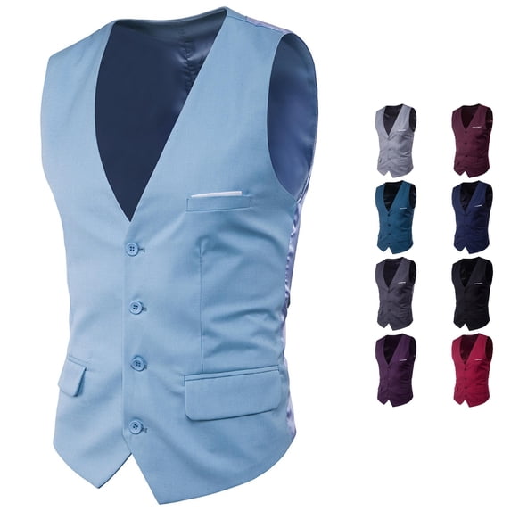 Gyujnb Men Slim Fit Suit Vest V‑Neck Single Breasted Waistcoat with Fake Pockets for Business Wedding Formal Wear,Light Blue