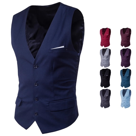 Gyujnb Men Slim Fit Suit Vest V‑Neck Single Breasted Waistcoat with Fake Pockets for Business Wedding Formal Wear,Navy