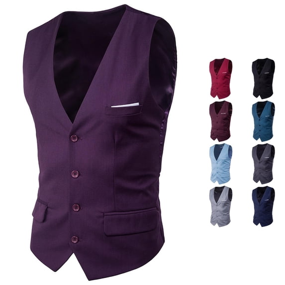 Gyujnb Men Slim Fit Suit Vest V‑Neck Single Breasted Waistcoat with Fake Pockets for Business Wedding Formal Wear,Purple