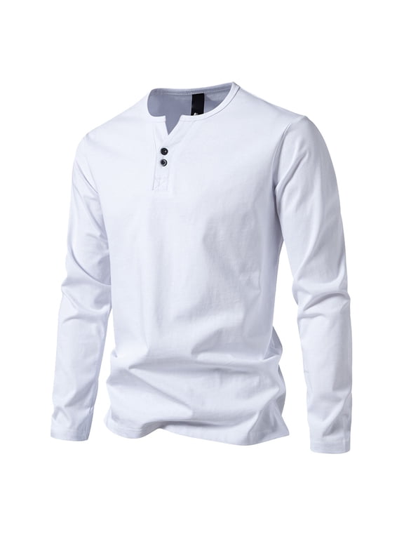 Gyujnb Men Solid Henley Long Sleeve T-Shirt, 2 Buttons V Notch Neck Casual Base Layer Top,White