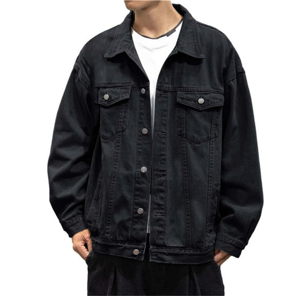 Gyujnb Men's Relaxed Fit Denim Jacket Single Button Lapel Solid Color Long Sleeve Vintage Casual Fall Winter Coat,Size:3XL