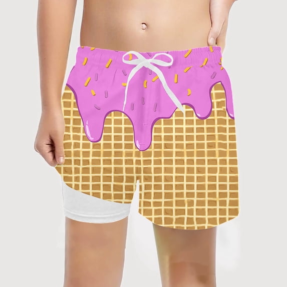 Gyujnb Mid Thigh Double Layer Swim Trunks with Dessert Print for Beach Pool Outdoor Recreation (Little Boys,Big Boys),7 Years