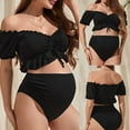 thumbnail image 1 of Gyujnb Off Shoulder Ruffle Maternity Two Piece Swimsuit Front Tie High Waist Shirred Elastic Support Beach Swimwear,S, 1 of 8
