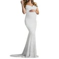 thumbnail image 1 of Gyujnb Off Shoulder V Neck Full Floral Lace Maternity Maxi Gown Empire Waist Fitted Sweep Train Solid Dress for Maternity Photoshoot Formal Wear,L, 1 of 3