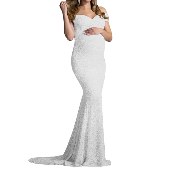 Gyujnb Off Shoulder V Neck Full Floral Lace Maternity Maxi Gown Empire Waist Fitted Sweep Train Solid Dress for Maternity Photoshoot Formal Wear,L