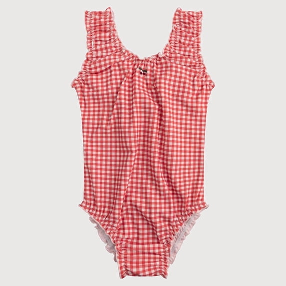 Gyujnb One-Piece Swimsuit with Gingham Print and Cherry Embroidery Cute Swimwear (Baby, Little Girls),3-4 Years