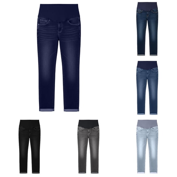 Gyujnb Over Belly Maternity Stretch Jeans Full Waist Classic Pockets Cuffed Ankle Slim Denim Pants Daily Casual Pregnancy Trousers,L