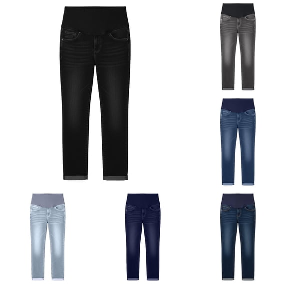 Gyujnb Over Belly Maternity Stretch Jeans Full Waist Classic Pockets Cuffed Ankle Slim Denim Pants Daily Casual Pregnancy Trousers,L