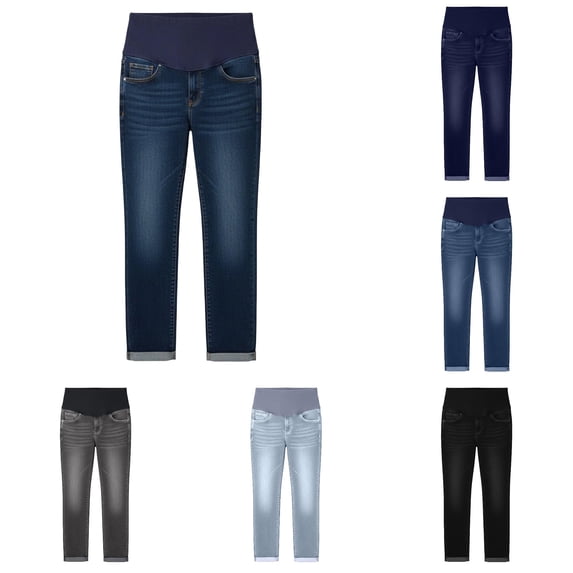 Gyujnb Over Belly Maternity Stretch Jeans Full Waist Classic Pockets Cuffed Ankle Slim Denim Pants Daily Casual Pregnancy Trousers,S