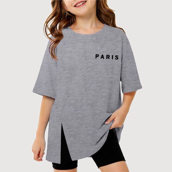 Gyujnb Paris Print Side Slit Short Sleeve T Shirt Casual Round Neck Loose Tee (Girls),11-12 Years