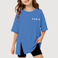 thumbnail image 1 of Gyujnb Paris Print Side Slit Short Sleeve T Shirt Casual Round Neck Loose Tee (Girls),9-10 Years, 1 of 3