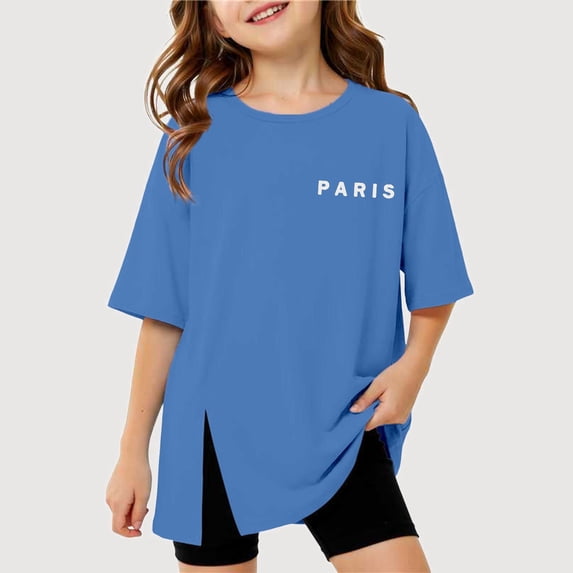 Gyujnb Paris Print Side Slit Short Sleeve T Shirt Casual Round Neck Loose Tee (Girls),9-10 Years