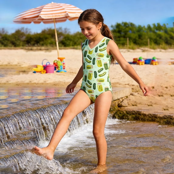 Gyujnb Pickle Jar Print V Neck Sleeveless One Piece Swimsuit for Girls Cute Beach Pool Bathing Suit,11-12 Years