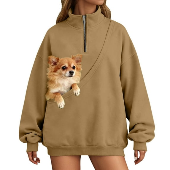 Gyujnb Quarter Zip Pullover with Kangaroo Pocket, Hoodless Soft Lounge Sweater for Pet Carrying Sling, Comfortable Casual Womens Top,Size:XXL