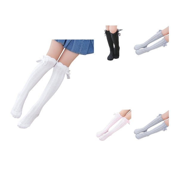 Gyujnb Ribbed Knit Ribbon Bow Breathable Daily Wear Over The Knee Sock (Little Girls,Big Girls),One Size