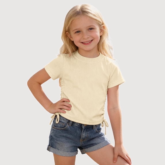 Gyujnb Ribbed Knit Side Tie Short Sleeve T Shirt Casual Crew Neck Basic Tee (Girls),12-13 Years