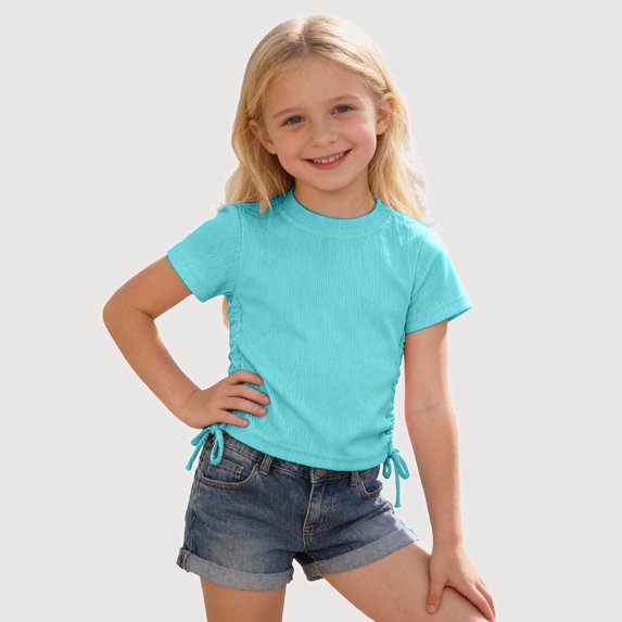 Gyujnb Ribbed Knit Side Tie Short Sleeve T Shirt Casual Crew Neck Basic Tee (Girls),3-4 Years