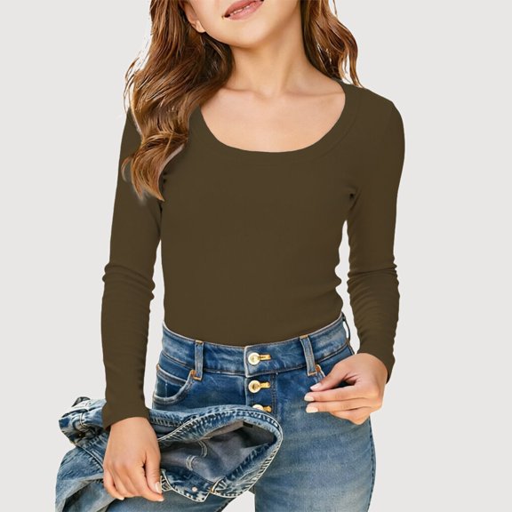 Gyujnb Ribbed Knit U Neck Long Sleeve T Shirt Slim Fit Basic Casual Layering Top (Girls),9-10 Years