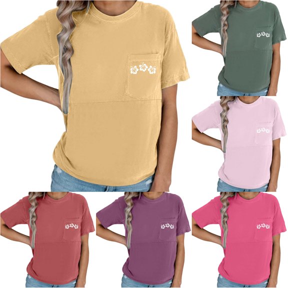 Gyujnb Round Neck Floral Print Nursing Top Chest Pocket Short Sleeve Loose Soft Casual Maternity Breastfeeding T-Shirt,M