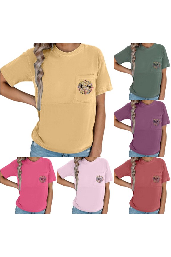 Gyujnb Round Neck Pocket Mama Letter Floral Print Nursing Top Short Sleeve Loose Casual Soft Maternity Basic Top For Women,S