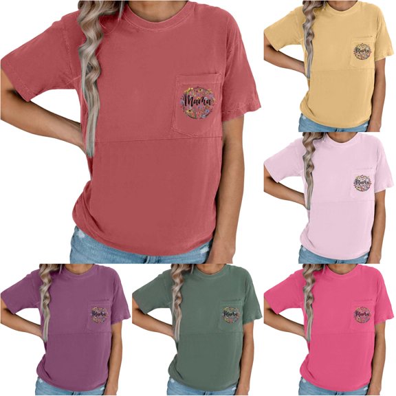 Gyujnb Round Neck Pocket Mama Letter Floral Print Nursing Top Short Sleeve Loose Casual Soft Maternity Basic Top For Women,S