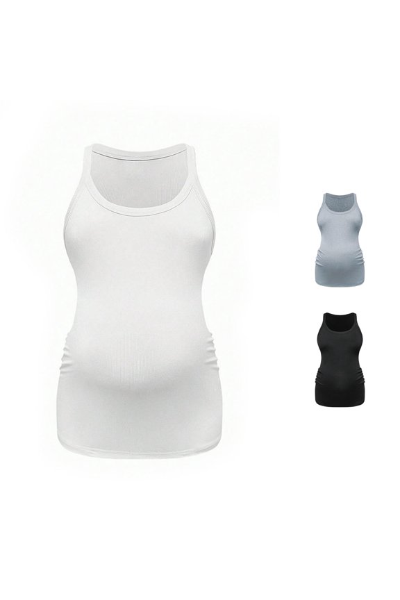 Gyujnb Round Neck Racerback Maternity Tank Top Vertical Ribbed Soft Stretch Knit Dual Side Ruched Waist Lightweight Breezy Seamless Cami Layering Top ,XL