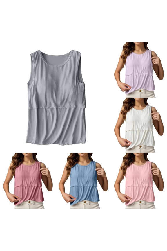 Gyujnb Round Neck Racerback Sleeveless Maternity Tank Dual Layer Lift Up Flap Nursing Vertical Ribbed Light Stretch Knit Loose A Line Hem Breathable Cami,L