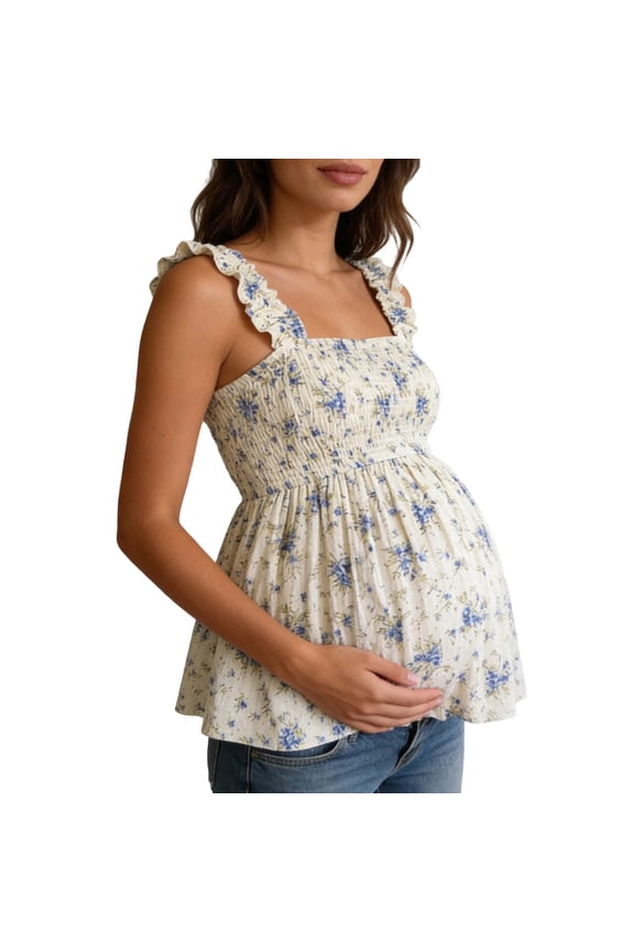 Gyujnb Ruffle Strap Floral Maternity Top Square Neck Smocked Waist Flowy Sleeveless Light Summer Pregnancy Casual Tank Shirt,S