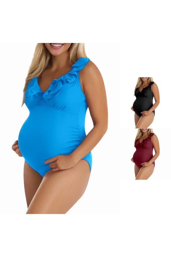 Gyujnb Ruffle V Neck Maternity One Piece Swimsuit Side Shirring Elastic Belly Support Elegant Swimwear for Beach Pool,M