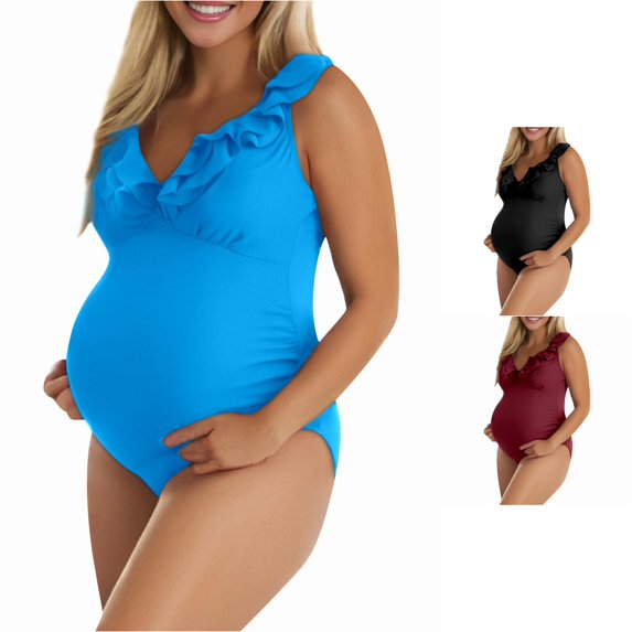 Gyujnb Ruffle V Neck Maternity One Piece Swimsuit Side Shirring Elastic Belly Support Elegant Swimwear for Beach Pool,XL