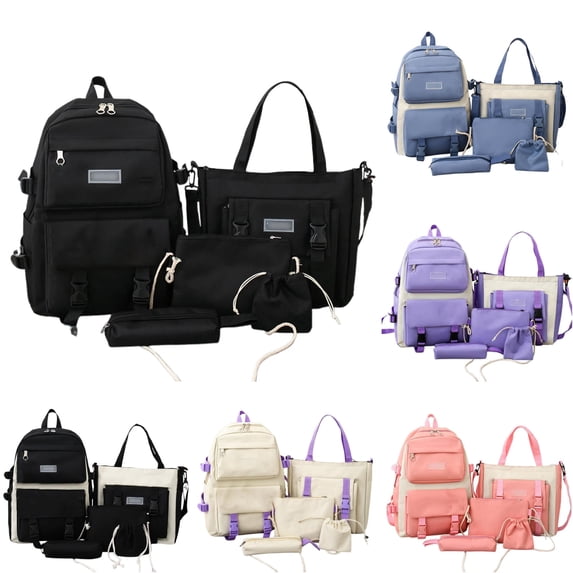 Gyujnb School Backpack, Canvas Backpack for Women Large Capacity School Bag with 5 Piece Set Lightweight Durable Bookbag for Students and Teens, Backpack for School