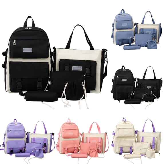 Gyujnb School Backpack, Canvas Backpack for Women Large Capacity School Bag with 5 Piece Set Lightweight Durable Bookbag for Students and Teens, Backpack for School