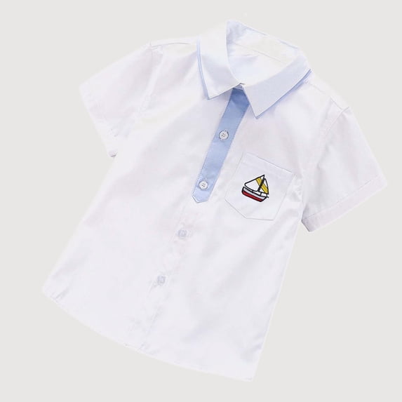 Gyujnb Short Sleeve Collared Shirt Casual Polka Dot Trim Top with Pocket (Toddler, Big Boys),7-8 Years