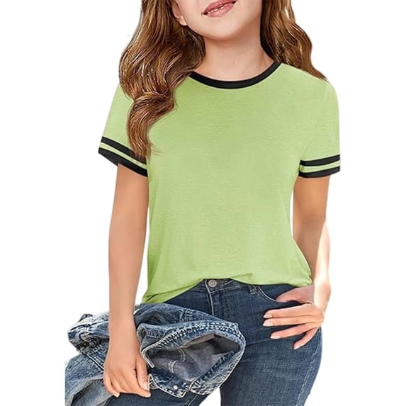Gyujnb Short Sleeve Crewneck Ringer T Shirt Casual Tops (Little Girls,Big Girls),6-7 Years