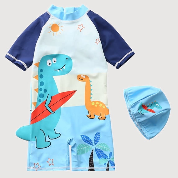 Gyujnb Short Sleeve One-Piece Rash Guard Swimwear Set Cartoon Print with Swim Cap for Beach and Pool (Baby, Big Boys),4-5 Years
