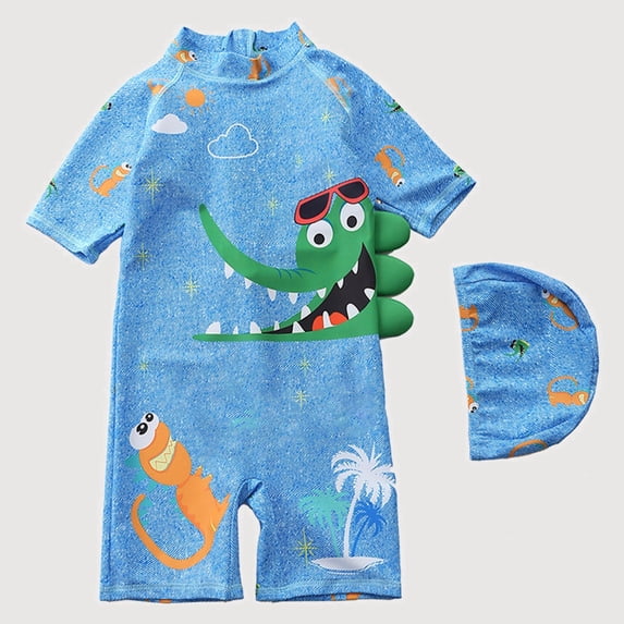 Gyujnb Short Sleeve One-Piece Rash Guard Swimwear Set Cartoon Print with Swim Cap for Beach and Pool (Baby, Big Boys),4-5 Years