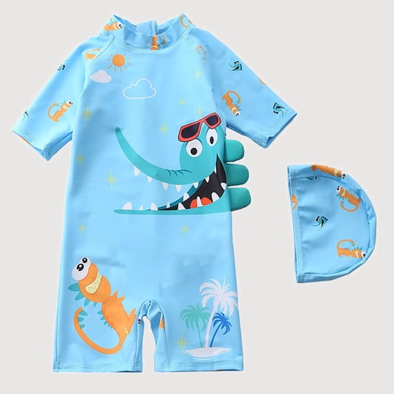 Gyujnb Short Sleeve One-Piece Rash Guard Swimwear Set Cartoon Print with Swim Cap for Beach and Pool (Baby, Big Boys),8-9 Years