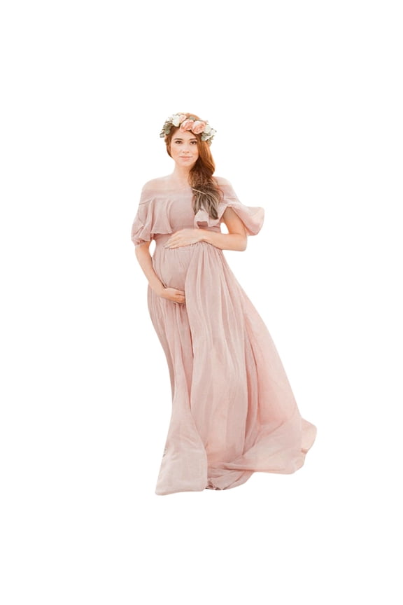 Gyujnb Off Shoulder Ruffle Flutter Short Sleeve Solid Chiffon Maternity Maxi Gown Empire Waist Flowy Sweep Train Dress for Maternity Photoshoot Formal Photography Outfit,S